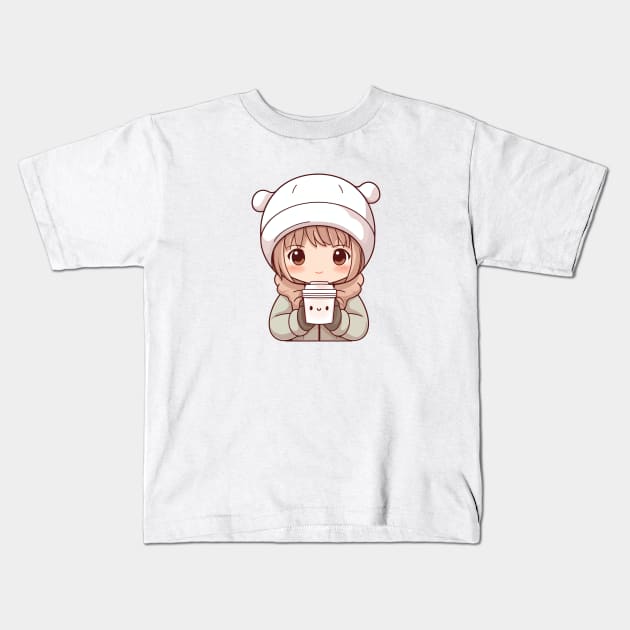 Kawaii little girl drinking hot chocolate Kids T-Shirt by Mon Kawaii Lab